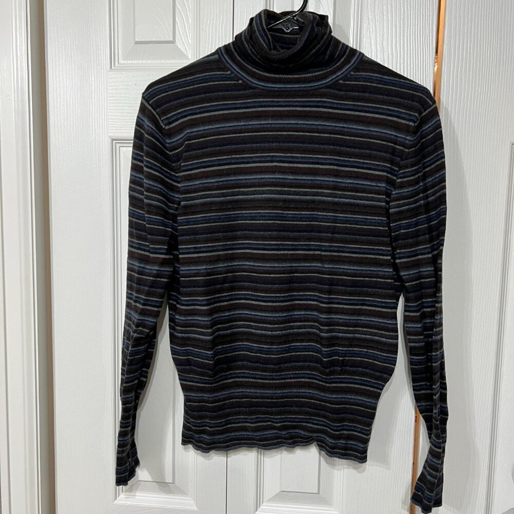 Eddie Bauer Wm L Cotton Wool Blend Navy Brown Stripped Turtle Neck Sweater